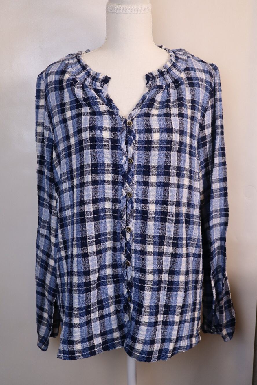 NEW Market & Spruce Kammie Blue Plaid Check Long Sleeve Button Up Blouse XL
